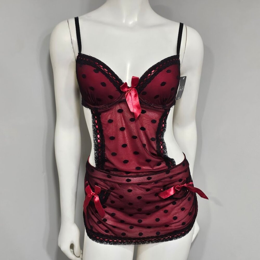 Rene Rofe French Maid Polka Dot Sheer Babydoll Apron Lingerie
